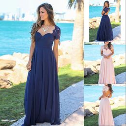 New Arrival country Navy Blue Long Bridesmaid Dresses Lace Cap Short Sleeves Chiffon Hollow Back Cheap Wedding Maid Of Honor Gowns BM0151