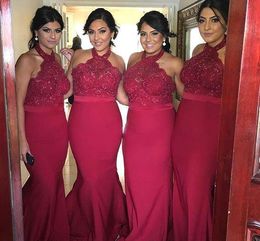 Modest Dark Red Bridesmaid Dresses Mermaid Halter Summer Country Garden Formal Wedding Party Guest Maid of Honour Gowns Plus Size