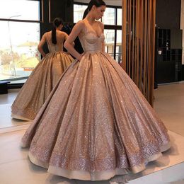 Arabic Ball Gown Prom Dresses Spaghetti Straps Ruched Backless Sweet 16 Dresses For Girls Sequins Quinceanera Party Gowns