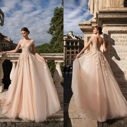 Dresses Champagne A-Line Deep V Neck Cap Sleeves Lace Appliques Bridal Gowns Tulle Backless Sweep Train Wedding Dress Vestidos estidos