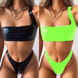 Hirigin Neon Pu Leather Sexy Bikini Set Women 2020 One Shoulder Swimwear Push Up Padded Thong Bikini Women Bathing Suit Beach