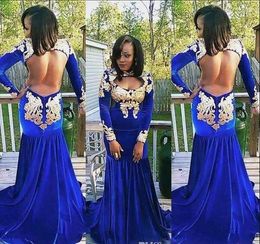 Royal Blue Open Back Prom Dresses South African Gold Lace Appliques Long Sleeves Evening Gowns Velvet Sweep Train Cocktail Party Dress