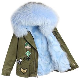 sky blue raccoon fur trim Maomaokong brand winter women snow coats light blue fox fur lining green canvas parkas with Appliques