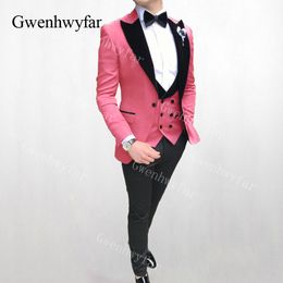 Gwenhwyfar New Flamingo Groomsmen Suits Velvet Lapel Groom Tuxedos One Button Men Suits Wedding Best Man Suit(Jacket+Pants+Vest)