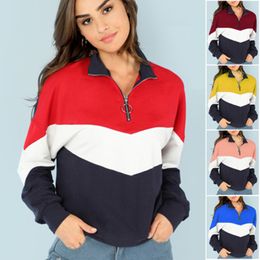 Women Splicing Multicolor Hoodies Fashion Trend Zipper Front Cut Sew Stand Neck Raglan Sleeve Sweatshirt Casual Patchwork Pullovers Tops