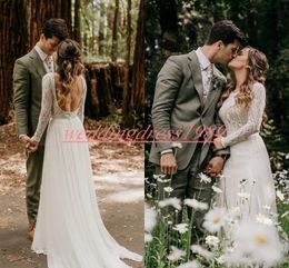 Charming Spring Chiffon Wedding Dresses 2020 Long Sleeve Lace Backless Crew Beach Bride Gowns Garden Country Bridal Ball Robe de mariée