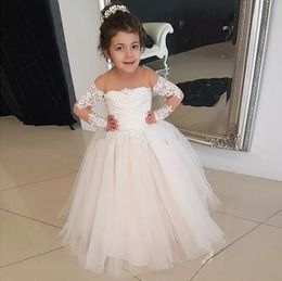 Long Sleeves Flower Girls Dresses For Wedding Boat Neck Appliques Tulle Children Birthday Party Dresses Primera Comunion