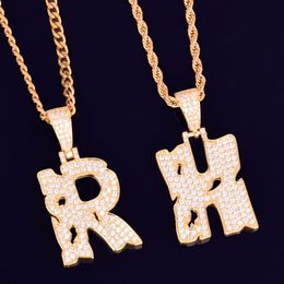 New Men's Hollow Letter Pendant Necklace Brass Material Ice Out CZ Stones Gold Rock Street Hip Hop Jewelry