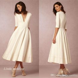 2019 Cheap Formal Satin Short Bridesmaid Dress For Beach Wedding V Neck Half Long Sleeves Maid of Honour Gown Plus Size Custom Made