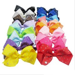 15cm Big Solid Grosgrain Ribbon Rhinestone Bow With Clip For Kids Handmade Boutique Crystal Hairgrips Girl Hair Accessories