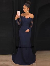 Mermaid Navy Blue Evening Dresses Long Sleeves Elegant Off the Shoulder Lace Applique Sweep Train Chiffon Prom Ball Gown Formal Wear