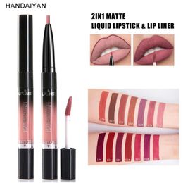 HANDAIYAN New Arrive 2 In 1 Matte Lip Gloss Lip Liner Pencils 14 Colour Waterproof Long Lasting Pigments Nude Colour Pen TSLM2