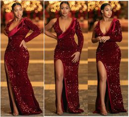 2020 Arabic Aso Ebi Gold Burgundy Sexy Cheap Evening Dresses Deep V-neck Prom Dresses High Split Formal Party Second Reception Gowns ZJ225