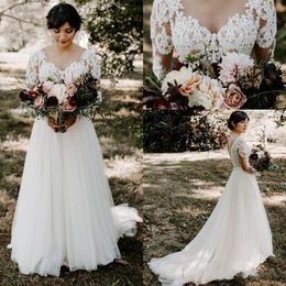 Country Vintage A Line Wedding Dresses V Neck Lace Appliques Long Sleeves Backless Court Train Tulle Plus Size Bridal Gowns Custom Made