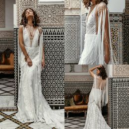 2019 Mermaid Wedding Dresses With Detachable Wrap V Neck Lace Appliqued Sweep Train Bohemian Wedding Dress Custom Made Plus Size Bridal Gown