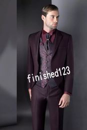 Slim Fit One Button Burgundy Wedding Groom Tuxedos Peak Lapel Groomsmen Men Suits Prom Blazer (Jacket+Pants+Vest+Tie) NO:1945