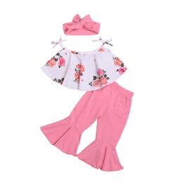 Summer Children Girls Clothing Sets Baby Peony Print Suspenders Top + Solid Color Flare Pants + Headband 3pcs/set Fashion Kids Clothes M1690