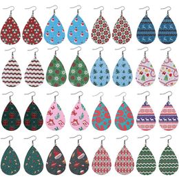 16 Colors Statement Snowflake Deer Printed Leather Earrings Vintage Ethnic Waterdrop Shape Girls Womens Dangle Earrings Christmas Jewelry