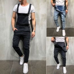 Men's Distressed Denim Carpenter Overalls Bib Jumpsuits Moto Biker Jean Pants