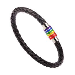 Black Braided Leather Bracelet Women Men Stainless Steel Gay Pride Rainbow Magnetic Charms Bracelet