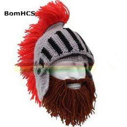 BomHCS Red Tassel Cosplay Roman Knight Knit Helmet Men's Caps Original Barbarian Handmade Winter Warm Beard Hats Funny Beanies D18110601