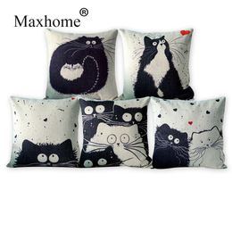 Image En Noir Et Blanc Coussin Famille Chat Coussins Décoratifs Décoration D Intérieur Canapé Coussin Cat Cartoon Cotton Linen Place Taie