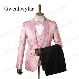 Gwenhwyfar Costume Homme Mariage 2019 Fashion Plum Blossom Tuxedo Peach Pink Jacquard Men Suit Groom Suits Wedding 3 Pieces