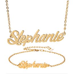 Statement Nameplate Necklace Name "Stephanie " Gold Chain for Women Stainless Steel Name Necklace Bracelet Set Pendant Gift