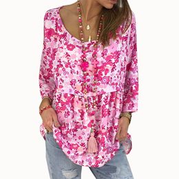 Women Blouses 2019 Summer Vintage Floral Print Boho Holiday Blouse 3/4 Sleeve Loose T Shirt Tops Plus Size 5XL