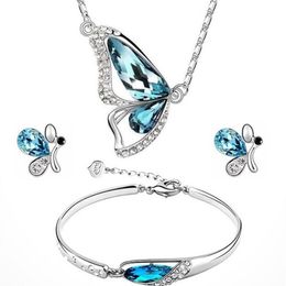Kristall Hochzeit Schmucksets für Bräute Schmetterling Halskette Armband Ohrringe Set Fashion Ladies Frauen Mädchen Schmuck Silber Blau Farbe
