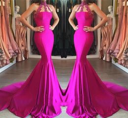 2019 New Pattern Hot Pink Prom Dresses Long Lace Appliqued Sheer High Neck Mermaid Court Train Special Occasion Dresses Evening Wear
