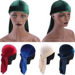 Unisex Velvet Durag do doo du rag Long Tail Headwrap Men Women Breathable Bandana Hat Chemo Cap Solid Colour Velvet Bandana Hats