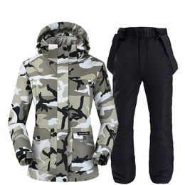 two-layer Camouflage Women Snow Suit Snowboarding Clothing Winter Outdoor Sports wear Waterproof ski jackets + snow belt pants