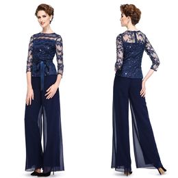 Navy Blue Mother of the Bride Dresses Pant Suits For Wedding Lace Plus Size 3/4 Long Sleeve Formal Garment Outfit Evening Wear
