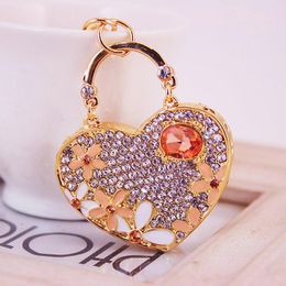 Fashion-Charm Key Rings Enamel Flowers Decorated Crystal Rhinestone Paved Alloy Love Heart Pendant Keychain Fashion Car Key Chains