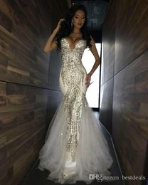 Luxury Bling Sparkle Prom Dresses Mermaid White Deep V-neck Beaded Crystal Long Tulle Prom Dress Evening Gowns