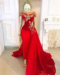 New Sexy Red Prom Dresses Cap Sleeves Lace Appliques Gold Crystal Beaded Organza Mermaid Floor Length Plus Size Formal Party Evening Gowns