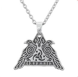 Antique Silver Odin's Raven Pendant Runic Viking Warrior Wiccan Valknut Necklace