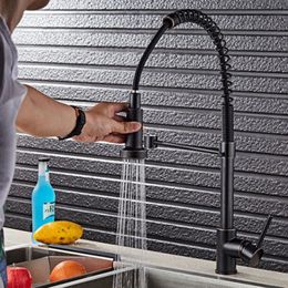 Newly Kitchen Pull Out Faucet Black Painted 360 Rotation Flexible Hot and Cold Mixer Taps Single Handle Deck Mounted