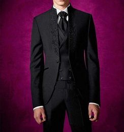 New Stylish Design One Button Black Groom Tuxedos Stand Collar Groomsmen Best Man Suits Mens Wedding Suits (Jacket+Pants+Vest+Tie) 4269