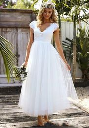 2024 New Cheap Country A Line Wedding Dresses Deep V Neck Tulle Lace Cap Sleeves Ankle Length Beach Boho Garden Formal Bridal Gowns 403
