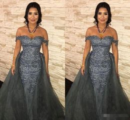 Grey Prom Sier Dresses Overskirt Tulle Lace Applique Beaded Elegant Off the Shoulder Custom Made Evening Party Gown Formal Ocn Wear