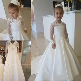 -2020 novo cetim laço applique flor menina vestido para festa de casamento mangas compridas pequenas crianças meninas primeiros vestidos de comunhão concurso de natal