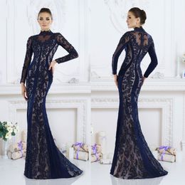 Sexy Janique Mermaid Mother of The Bride Dresses High Neck Long Sleeve Lace Applique Crystal Wedding Guest Dress Sweep Train Evening Gowns