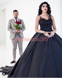 Stunning Gothic Black Wedding Dresses Straps Train Applique African Bridal Gowns Ball Custom Made Formal Bride Plus Size Vestido de novia
