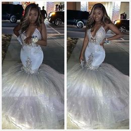 Glitter Silver Sexy V-Neck Mermaid Prom Dresses 2020 Spaghetti Straps African Long Formal Evening Gowns Graduation Party Dresses BC3420