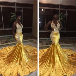 2019 Black Girls Halter Mermaid Long Prom Dresses deep v neck Velvet Lace Applique Backless Sweep Train Formal Party Evening Dresses