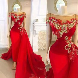 Cheap Sexy Red Evening Dresses Wear Lace Appliques Gold Crystal Beaded Cap Sleeves Organza Mermaid Floor Length Formal Party Dress Prom Gown