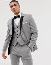Light Grey Groom Tuxedos Black Lapel Groomsman Wedding 3 Piece Suit Fashion Men Business Prom Party Jacket Blazer(Jacket+Pants+Tie+Vest)2586