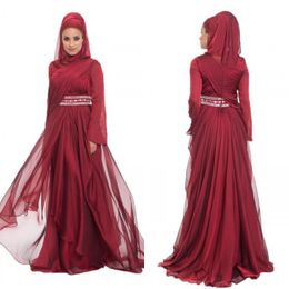 2019 New Arrivals Muslim Evening Dresses with Hijab Pleated Bodice Beading Waist Ruching A Line Burgundy Purple Chiffon Arabic Evening Gown